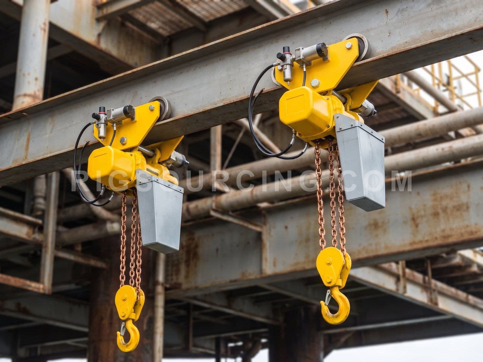 One set of pneumatic BOP hoists, two trolley-mounted 25 t chain hoists on an I-beam runway